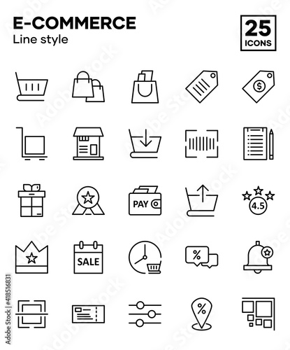 E-commerce icon set with line styles, including online shop, cart, shopping, market, buy and sell. Editable vector icon set