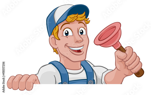 Plumber or handyman cartoon mascot holding a plumbing drain or toilet plunger. Peeking over a sign