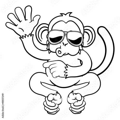 A monkey cute happy cool cartoon character animal wearing sunglasses waving and pointing