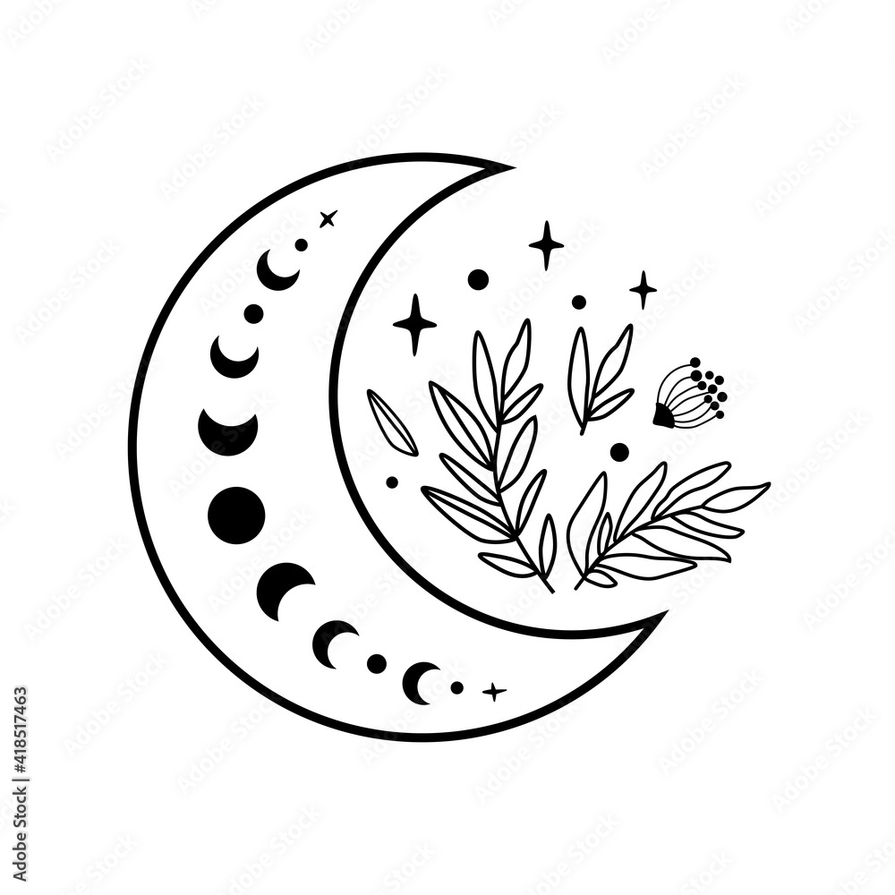 Flower moon logo. Moon phase flowers. Black moon icon. Celestial crescent isolated vector. Hand