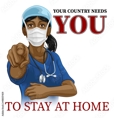 Wallpaper Mural A woman nurse or doctor in surgical or hospital scrubs and mask pointing in a your country needs or wants you gesture