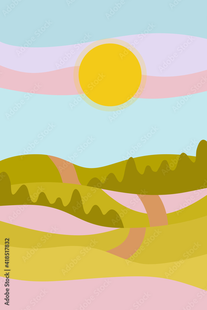 Abstract minimalistic poster. Spring, sun, mountains, forest, haze in the sky and lavender fields. Vector illustration for printing on paper, fabric.