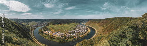 Moselle loop near Bruttig-Fankel and the wine village of Ernst. Panoramic view of the Moselle vineyards  Germany..Created from several images to create a panorama image.