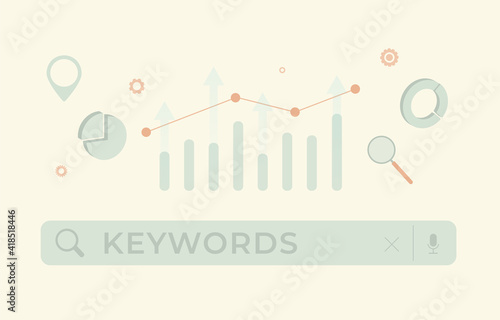Keyword Optimization SEO concept. Research, Selection and analysis popular search terms for search engine optimization. Keyword Ranking with search bar and chart icons. Flat Vector illustration