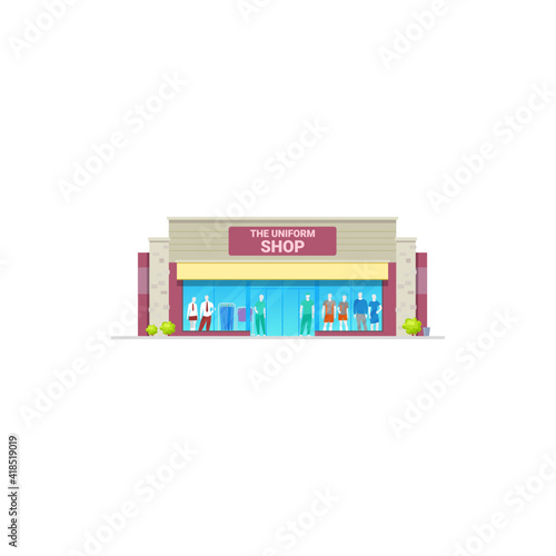 Uniform shop or work clothing store building, vector isolated. Workers clothes and professional uniform store or shop with woman and man mannequins in window display showcase