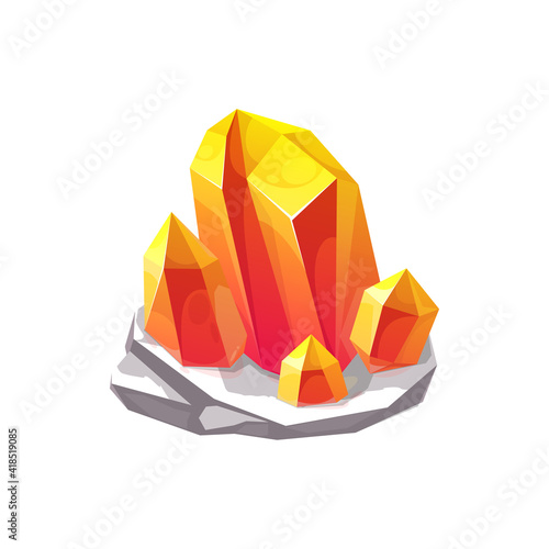 Crystal gem or gemstone jewel and glass rhinestone, vector diamond and jewelry isolated icon. Yellow orange and red crystal gem or mineral rock crystalline of amethyst, topaz or opal gemstone