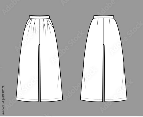 Pants culotte palazzo technical fashion illustration with normal waist, double pleats, calf length, seam pockets, wide legs. Flat trousers template front, back white color. Women men unisex CAD mockup