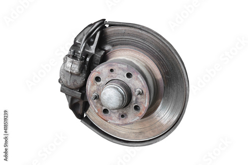 Car brake disc with brake caliper when the wheel is removed (isolated on white background)