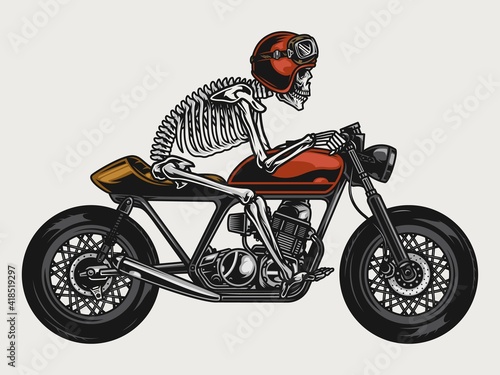 Skeleton riding cafe racer motorcycle