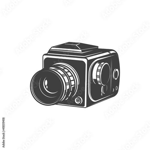 Analog photocamera isolated photo shooting device monochrome icon. Vector photographer instrument, photo-camera photography symbol. Vintage cam with folding zoom lens or object-glass, black and white
