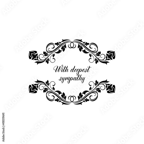 With deepest sympathy isolated memorial calligraphic inscription with floral ornament frame. Vector burial lettering on tombstone or gravestone, condolence mournful text. Rip and deceased text
