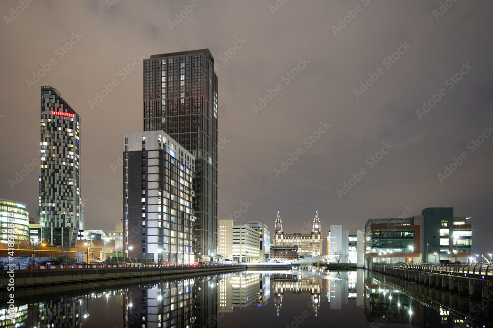 The skyline of Liverpool shines bright at night