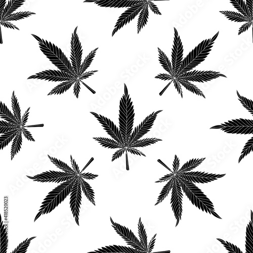 Cannabis seamless pattern.Black hemp leaves on a white background.Marijuana pattern vector illustration