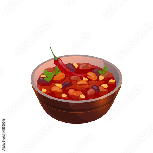 Bean soup mexican cuisine food isolated bowl with tomato sauce, chili pepper and vegetables. Vector traditional vegetarian dish, realistic hot first course, spicy soup with meat and vegetables