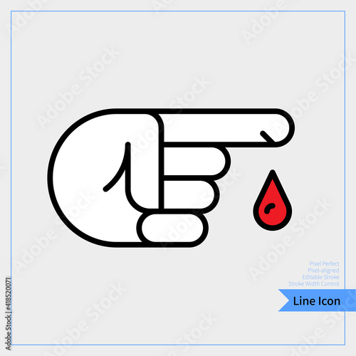 Finger blood drop solid icon. Hand with blood drop glyph style design. Thin line icon. professional, pixel-aligned, Pixel Perfect, Editable Stroke, Easy Scalablility. photo