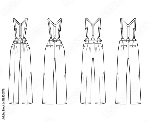 Set of Suspender Pants Dungarees technical fashion illustration with full length, normal low waist, high rise, pockets. Flat garment bottom front back, white color style. Women, men unisex CAD mockup