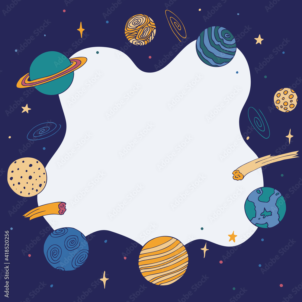 Frame from colored planets. Space with stars, galaxies and comets. With a white template for text. Doodle elements on a blue background. Frame from colored planets. Space with stars, galaxies and comets. With a white template for text. Doodle elements on a blue background.