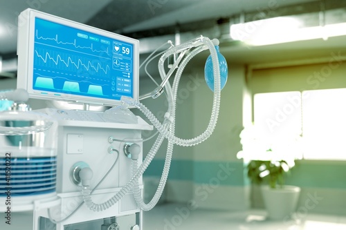 Medical 3D illustration, ICU artificial lung ventilator with fictive design in therapy clinic with selective focus - fight coronavirus concept