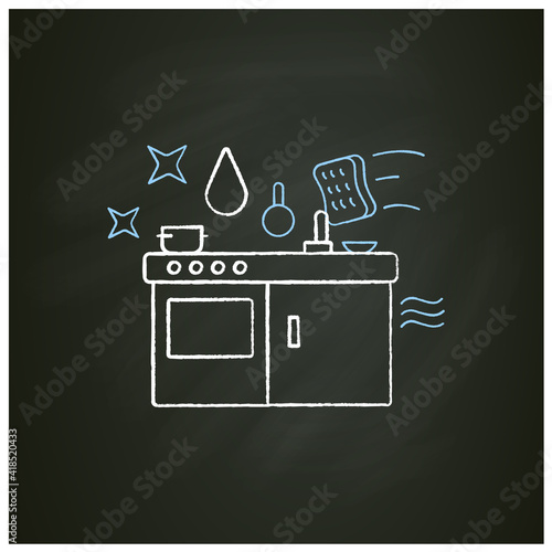Kitchen cleaning chalk icon. Home cleanup. Wiping stove and tables. Mopping, dusting. Cleaning service concept. Isolated vector illustration on chalkboard