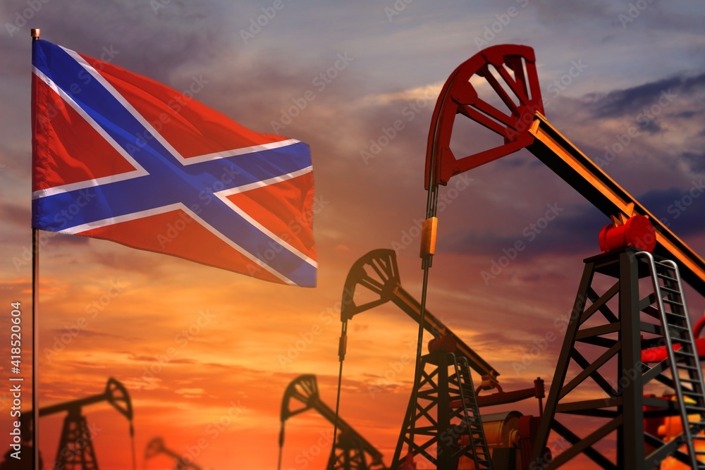 Novorossiya oil industry concept. Industrial illustration - Novorossiya flag and oil wells with the red and blue sunset or sunrise sky background - 3D illustration