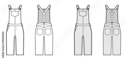 Dungarees Denim overall jumpsuit technical fashion illustration with knee length, normal waist, high rise, pockets, Rivets. Flat garment front back, white grey color style. Women men unisex CAD mockup