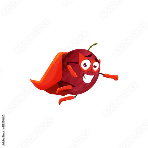 Plum fruit superhero cartoon character, vector fruits food in super hero costume and mask. Plum fruit as powerful superhero flying and fighting in magic power costume