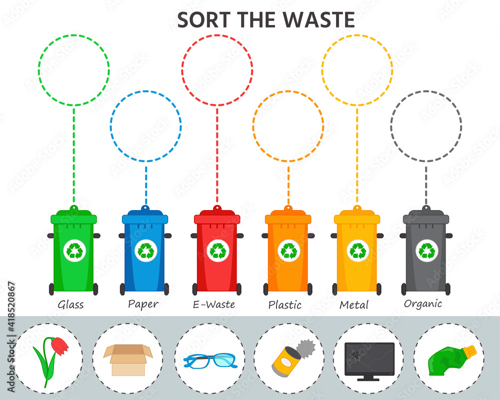 Eco educational game for kids. Sorting of garbage, separate collection of waste in garbage cans. Waste sorting for recycling concept. Vector illustration Eco educational game for kids. Sorting of garbage, separate collection of waste in garbage cans. Waste sorting for recycling concept. Vector illustration