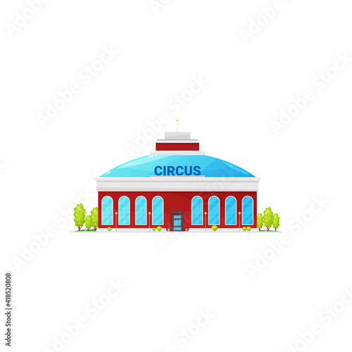 Red citrus building facade exterior isolated chapiteau building cartoon icon. Vector entertainment industry construction exterior with trees. Chapiteau circus amusement fair park, funfair entrance