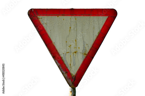 Rusty yield road sign isolated on white background
