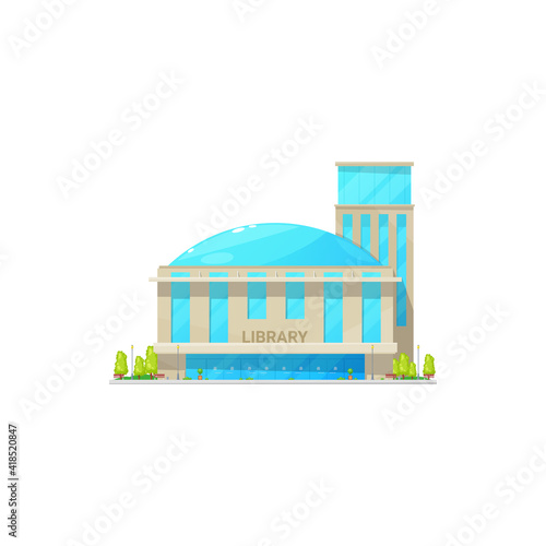 Public library building with dome shape cell isolated city establishment. Vector facades of modern library house architecture, museum of books storage. Exterior design,entrance door and parking zone
