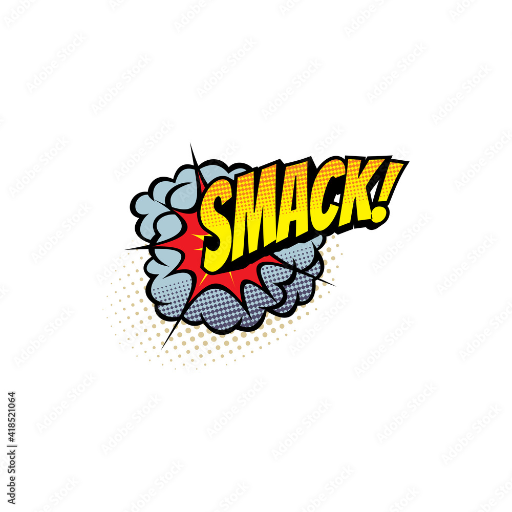 Fototapeta premium Smack comics pop art half tone cartoon bubble, vector icon. Retro sound red and grey cloud blast explosion with halftone pattern, exclamation isolated sign