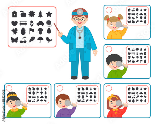 Game for kids. Doctor oculist pointing at children eyesight test chart symbols. Optometrist checking kid eyesight. Printable Worksheet vector illustration. Simple spotting puzzle.