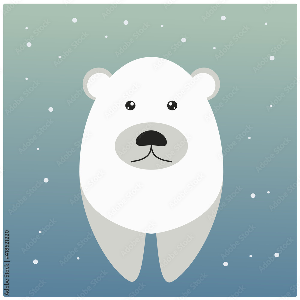 Cute polar bear in cartoon style for postcards or invitations. Flat vector illustration with snowy gradient background. Cute polar bear in cartoon style for postcards or invitations. Flat vector illustration with snowy gradient background.