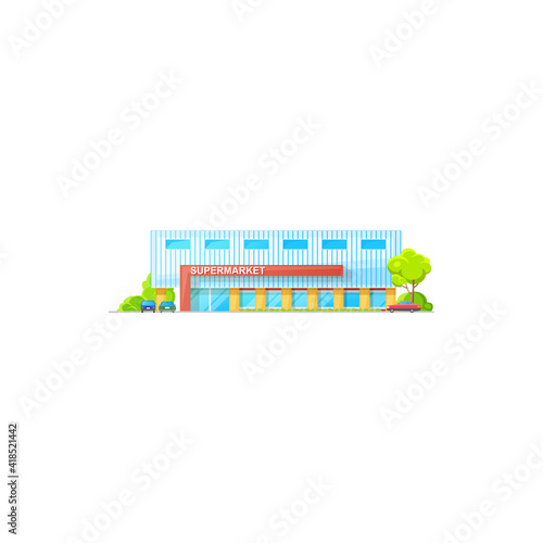 Supermarket building, grocery store mall icon, vector shop trade center or hypermarket. Supermarket modern architecture, flat exterior of market or retail shopping trade center facade