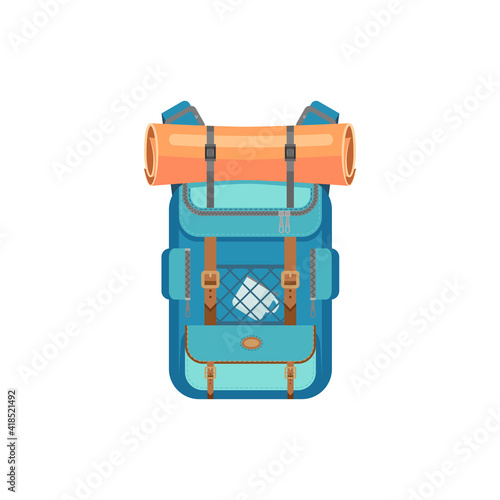 Blue backpack with sleeping mat isolated hiking and camping sport bag. Vector traveling rucksack or haversack with camp gear, tourist knapsack with metal mug or cup in pocket, travel accessory