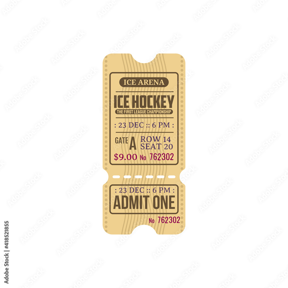 Ice hockey first league championship isolated retro ticket template. Vector admit one on ice arena, vintage ticket with cutting line, admit one. Winter sport tournament invitation card, date and seat Ice hockey first league championship isolated retro ticket template. Vector admit one on ice arena, vintage ticket with cutting line, admit one. Winter sport tournament invitation card, date and seat