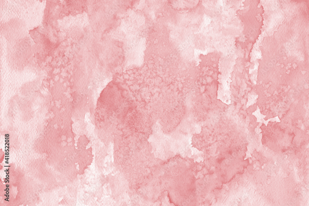 Pink watercolor texture with paint leaks, abstract washes and brush strokes on the white paper background. Chaotic abstract organic design
