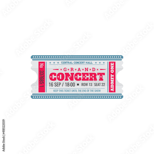 Full ticket to central music hall isolated coupon card. Vector admit on live music play performance, invitation to visit grand concert hall. Pass to visit musical show, voucher with date and price