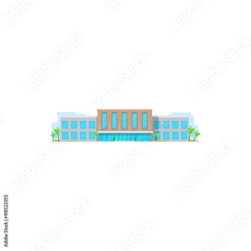 Facade of governmental building, municipal construction isolated business center. Vector urban commercial court, city mall with palm trees. Fire station or post office, healthcare or vet clinic mockup