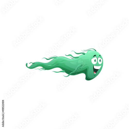 Cartoon virus cell vector icon, cute bacteria or germ mascot character move with funny face. Smiling pathogen microbe monster, micro organism smiling. green monster isolated sign