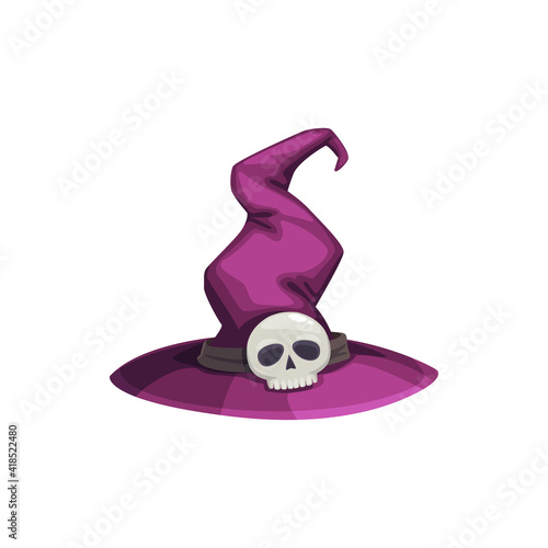 Cartoon witch hat vector icon, magician purple headwear, halloween costume, wizard cap with creepy skull as buckle and curve crown isolated on white background