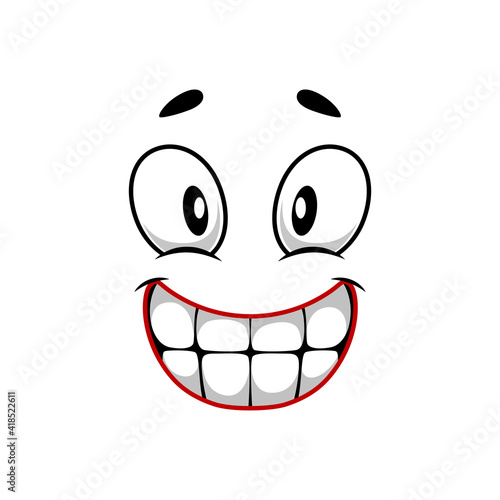 Cartoon face vector icon, happy emoji, smiling facial expression with smiling toothy mouth and wide open eyes. Positive feelings isolated on white background