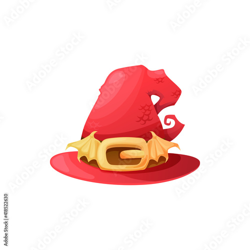 Cartoon witch hat vector icon, red magician headwear with golden buckle, dragon wings and skin texture. Wizard cap, halloween costume isolated on white background