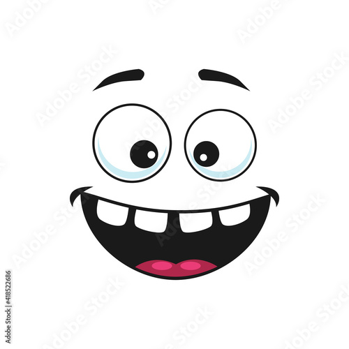 Cartoon face vector icon, happy emoji, laughing facial expression with smiling toothy mouth and wide open eyes. Positive feelings isolated on white background