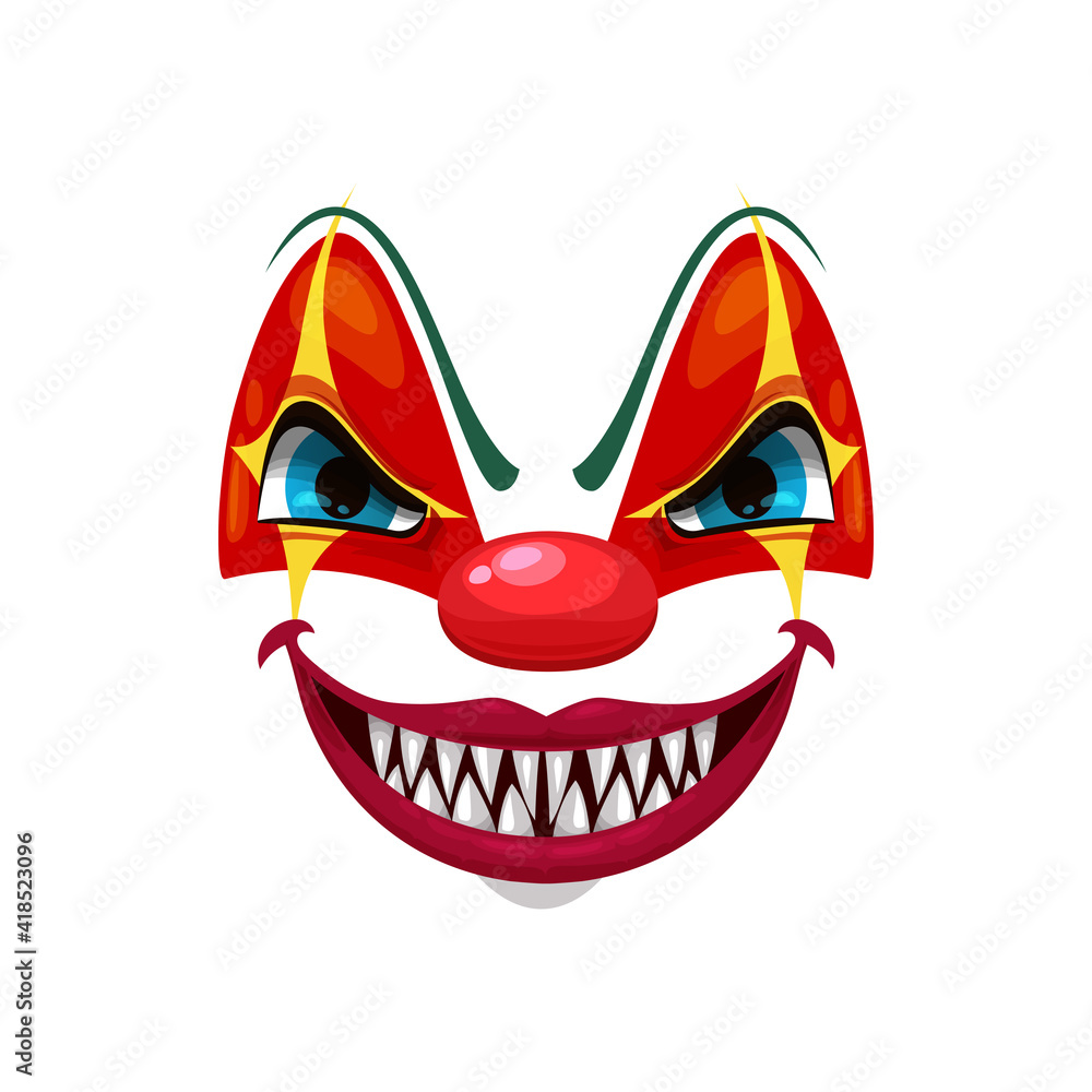 Scary clown smiling face vector icon, funster mask with makeup, red nose, squinted eyes and creepy smile with sharp yellow teeth. Halloween character emoticon, isolated horror creature emoji