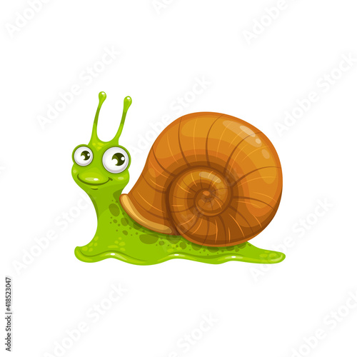 Cartoon snail vector icon, funny cochlea insect with cute smiling face and big eyes. Mascot, kids design element, wild creature crawl isolated on white background