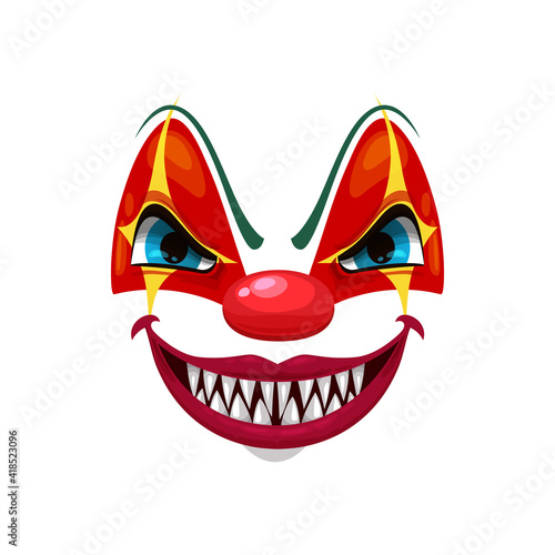 Scary clown smiling face vector icon, funster mask with makeup, red nose, squinted eyes and creepy smile with sharp yellow teeth. Halloween character emoticon, isolated horror creature emoji