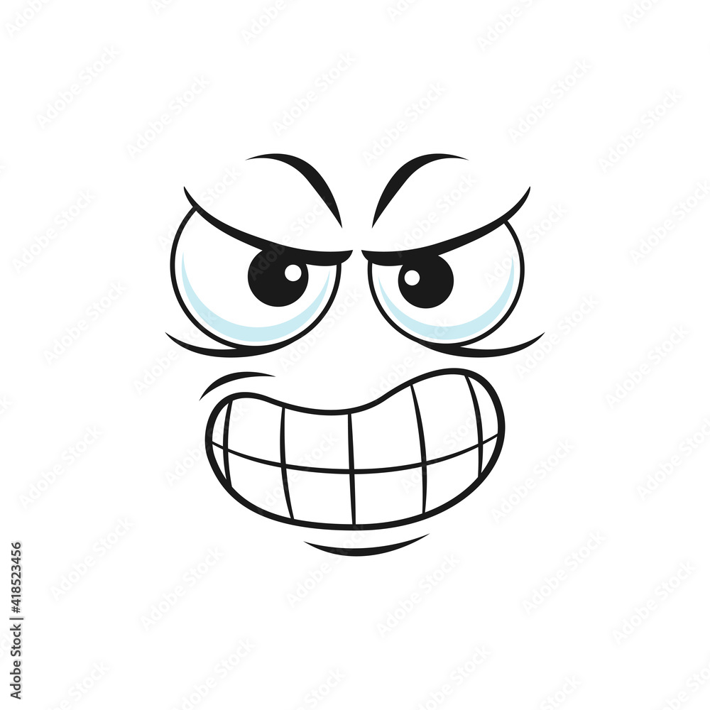 Angry smiley isolated wicked emoticon with toothed smile. Vector grumpy sullen emoji, ireful or rageful smiley facial expression. Wrathy sad emoticon with unkind vicious smile, bad character Angry smiley isolated wicked emoticon with toothed smile. Vector grumpy sullen emoji, ireful or rageful smiley facial expression. Wrathy sad emoticon with unkind vicious smile, bad character