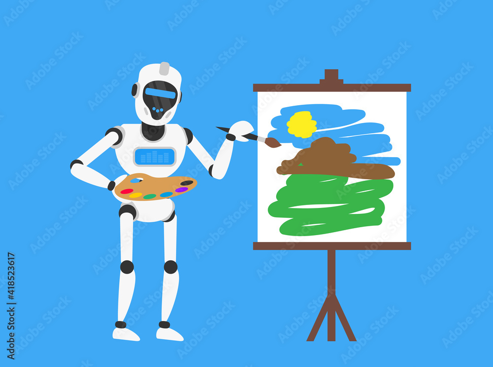 robot artist with paintbrush palette near easel painting art artificial intelligence creation vector illustration