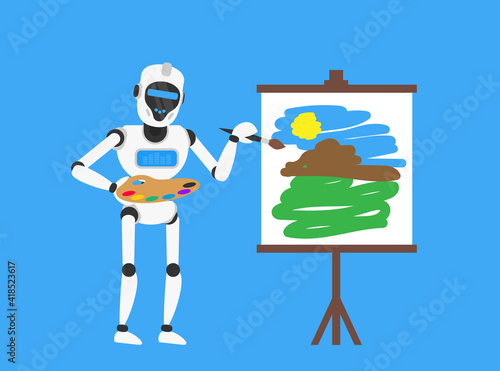 robot artist with paintbrush palette near easel painting art artificial intelligence creation vector illustration